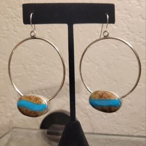 Ribbon Turquoise and Silver Hoop Earrings